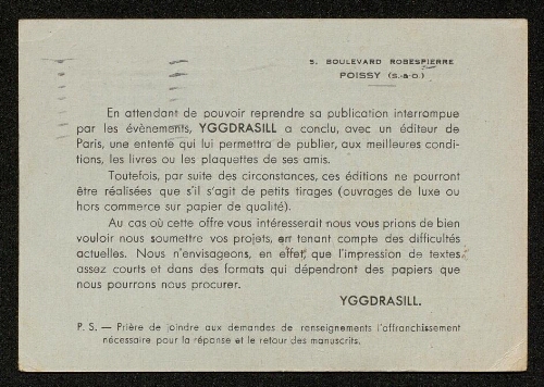 Lettre de la revue Yggdrasill, 26 janvier 1944