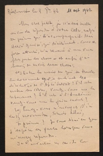 Lettre de Louisa Paulin à René Rouquier, le 11 octobre 1942
