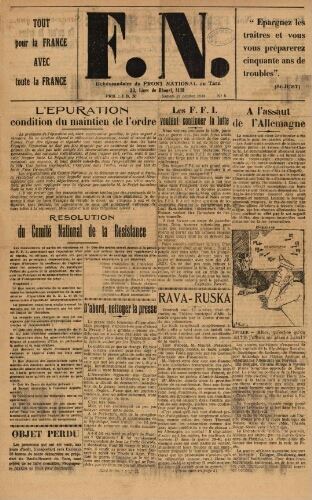 F.N. : hebdomadaire du Front national du Tarn, n°8, 21 octobre 1944