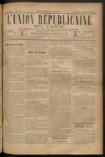 Union républicaine du Tarn (L’), 1 août 1892