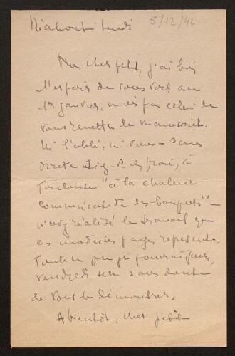 Lettre de Louisa Paulin à René Rouquier, le 15 décembre 1942 (?)