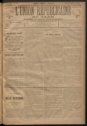 Union républicaine du Tarn (L’), 1 décembre 1891