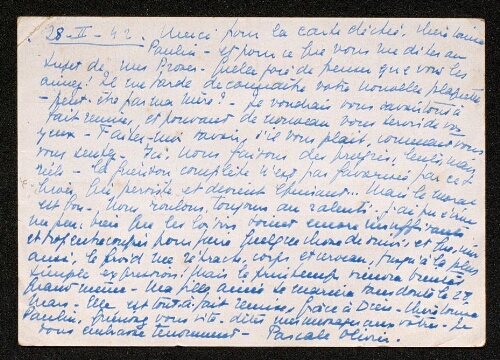 Lettre de Pascale Olivier à Louisa Paulin, le 28 février 1942
