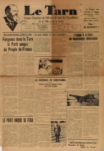 Tarn : Organe populaire de défense des ouvriers, paysans, artisans et petits commerçants (Le), n°31, 7 août 1937
