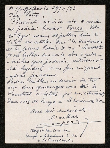 Lettre de Charles Camproux à Louisa Paulin, le 29 novembre 1943