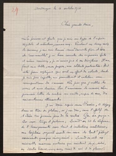 Lettre de René Rouquier à Louisa Paulin, le 4 octobre 1941