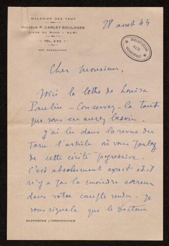 Lettre du Dr Carlet-Soulages à Charles Bellet, le 28 août 1944