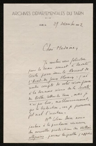 Lettre de Pierre Breillat à Louisa Paulin, le 29 décembre 1942