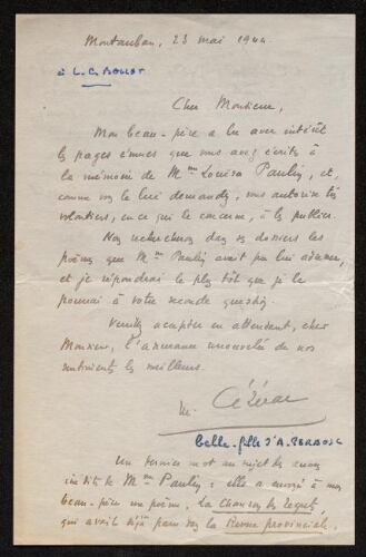 Lettre de M. Cézerac à Charles Bellet, le 23 mai 1944