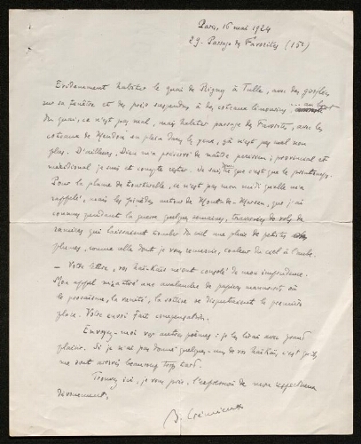 Lettre de Benjamin Crémieux à Louisa Paulin, le 16 mai 1924