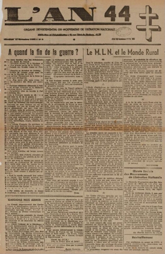 An 44 : organe départemental du mouvement de libération nationale (L'), n°3, 10 novembre 1944