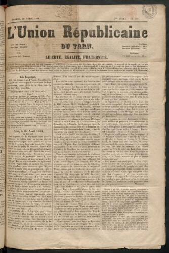 Union républicaine du Tarn (L’), 26 avril 1851