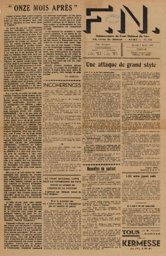 F.N. : hebdomadaire du Front national du Tarn, n°45, 7 juillet 1945