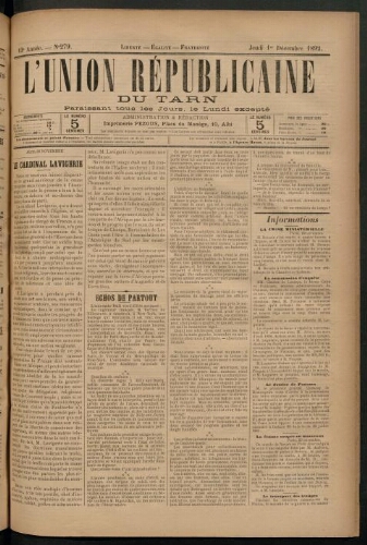 Union républicaine du Tarn (L’), 1 décembre 1892