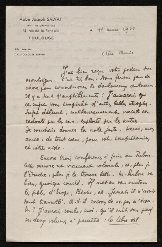 Lettre de Joseph Salvat à Louisa Paulin, le 11 mars 1944