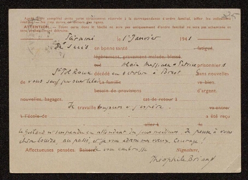 Lettre de Théophile Briant à Louisa Paulin, le 1er janvier 1941