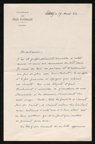 Lettre du comte d'Adhémar à Louisa Paulin, le 19 avril 1942