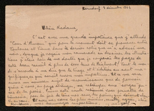 Lettre de Georges Vergnes à Louisa Paulin, le 9 décembre 1943