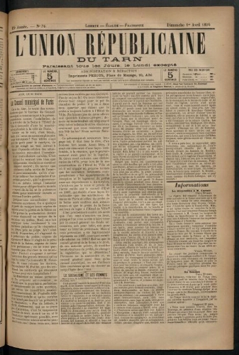 Union républicaine du Tarn (L’), 1 avril 1894