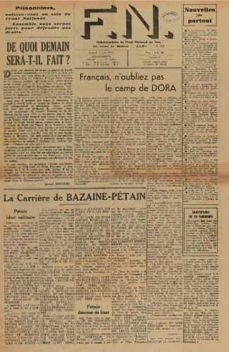 F.N. : hebdomadaire du Front national du Tarn, n°40, 2 juin 1945