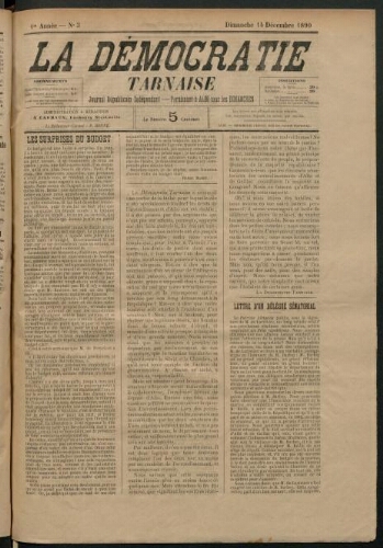Démocratie tarnaise (La), 14 décembre 1890