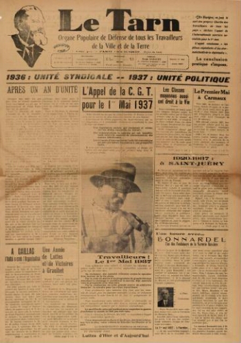Tarn : Organe populaire de défense des ouvriers, paysans, artisans et petits commerçants (Le), n°17, 1er mai 1937