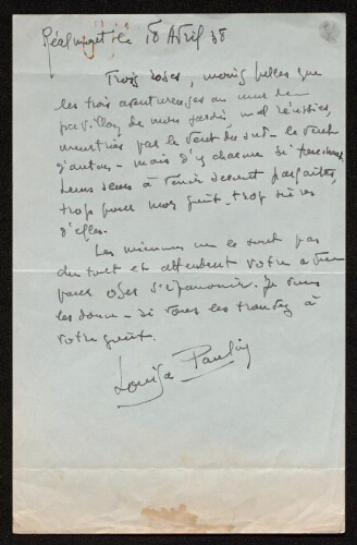 Lettre de Louisa Paulin à Théophile Briant, le 18 avril 1938