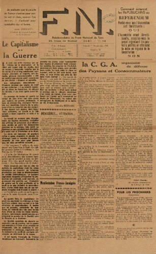F.N. : hebdomadaire du Front national du Tarn, n°53, 1er septembre 1945