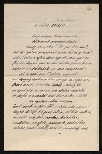 Lettre d'Antonin Perbosc à Louisa Paulin, le 1er janvier 1943