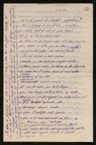 Lettre d'Antonin Perbosc à Louisa Paulin, le 9 mars 1941
