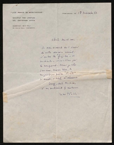 Lettre de René Nelli à Louisa Paulin, le 18 décembre 1942