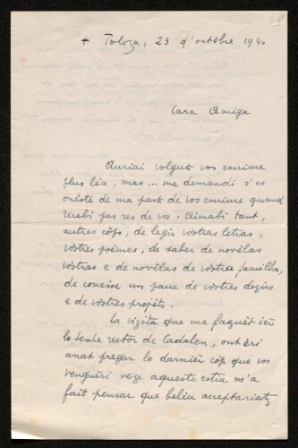 Lettre de Joseph Salvat à Louisa Paulin, le 23 octobre 1940