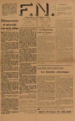 F.N. : hebdomadaire du Front national du Tarn, n°50, 11 août 1945