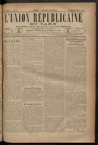 Union républicaine du Tarn (L’), 9 mars 1894