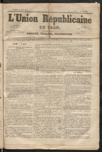 Union républicaine du Tarn (L’), 2 juin 1849