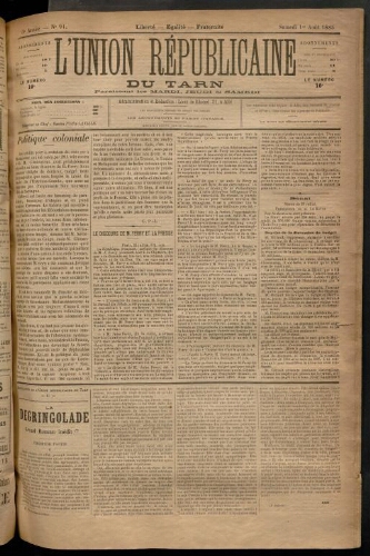 Union républicaine du Tarn (L’), 1 août 1885