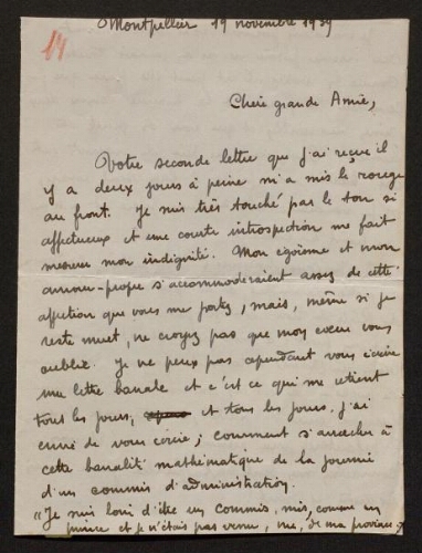 Lettre de René Rouquier à Louisa Paulin, le 19 novembre 1939