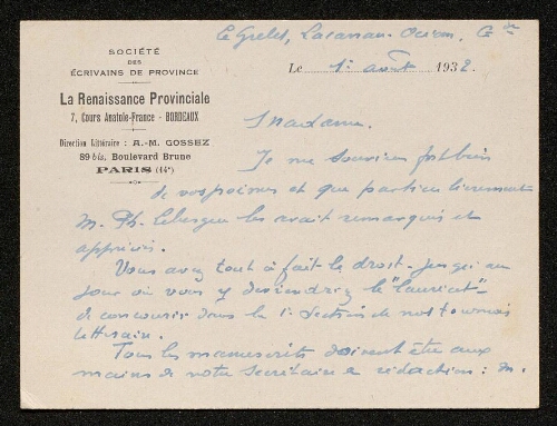 Lettre de la Renaissance Provinciale à Louisa Paulin, le 1er août 1932
