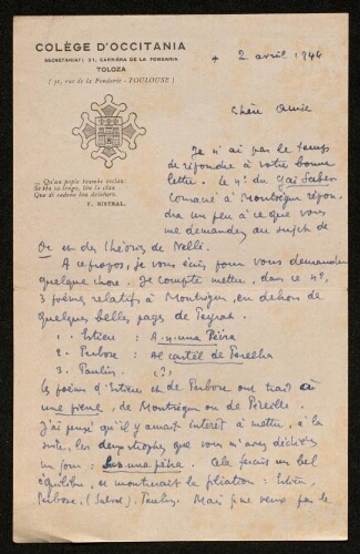 Lettre de Joseph Salvat à Louisa Paulin, le 2 avril 1944