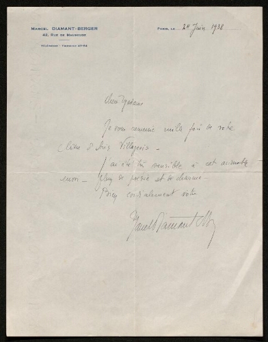 Lettre de Marcel Diamant-Berger à Louisa Paulin, le 24 juin 1938