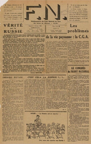 F.N. : hebdomadaire du Front national du Tarn, n°24, 10 février 1945