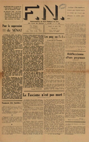 F.N. : hebdomadaire du Front national du Tarn, n°46, 14 juillet 1945