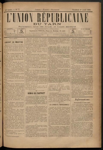 Union républicaine du Tarn (L’), 1 avril 1892