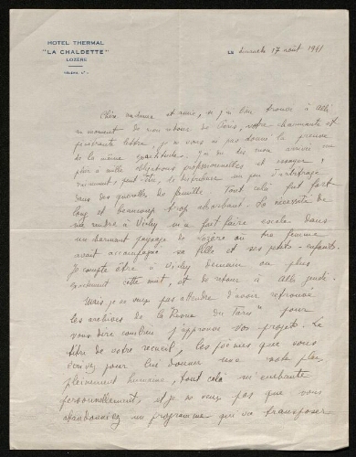 Lettre de Charles Bellet à Louisa Paulin, le 17 août 1941