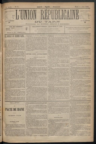 Union républicaine du Tarn (L’), 1 août 1882