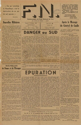 F.N. : hebdomadaire du Front national du Tarn, n°20, 13 janvier 1945