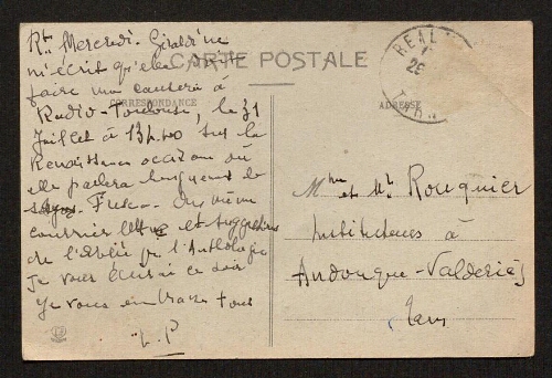 Lettre de Louisa Paulin à René Rouquier, le 29 (?) juillet