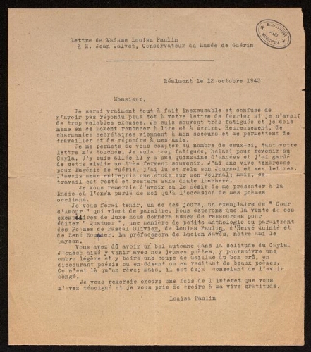 Lettre de Louisa Paulin à Jean Calvet, le 12 octobre 1943