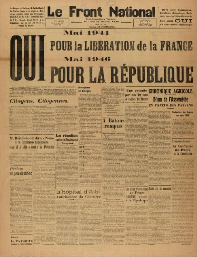F.N. : hebdomadaire du Front national du Tarn, n°88, 4 mai 1946