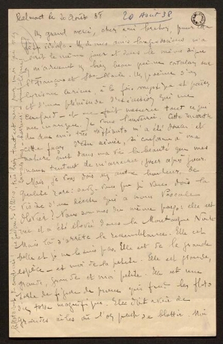 Lettre de Louisa Paulin à Théophile Briant, le 20 août 1938